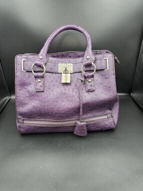 Purple Ostrich-Texture Satchel Handbag with Lock Detail